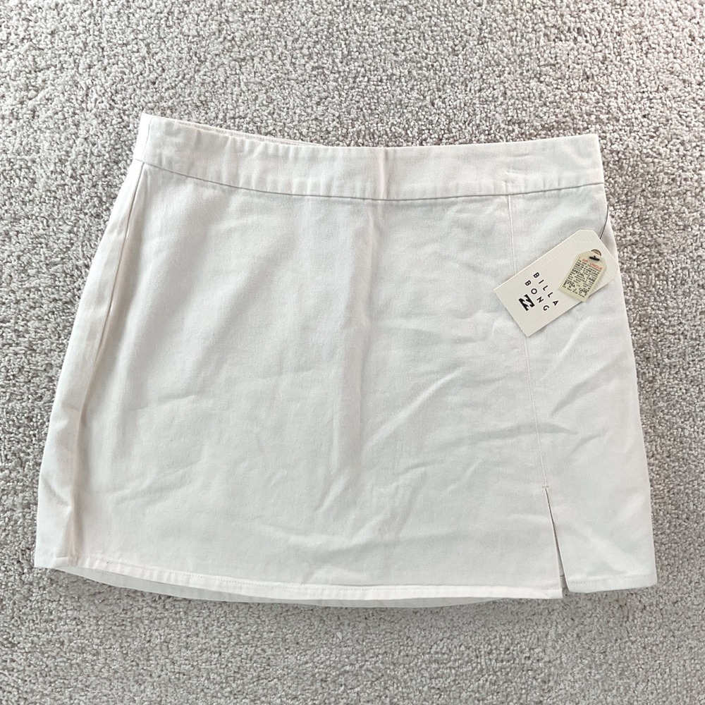 Billabong Wave Washed Mini Skirt Cream‎ Off White Cotton Denim Front Slit L NEW